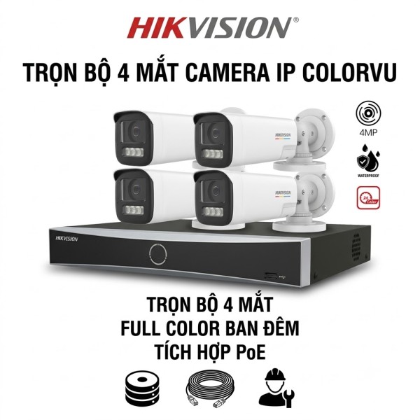 Bộ 4 camera IP PoE 4MP ColorVu - Hikvision