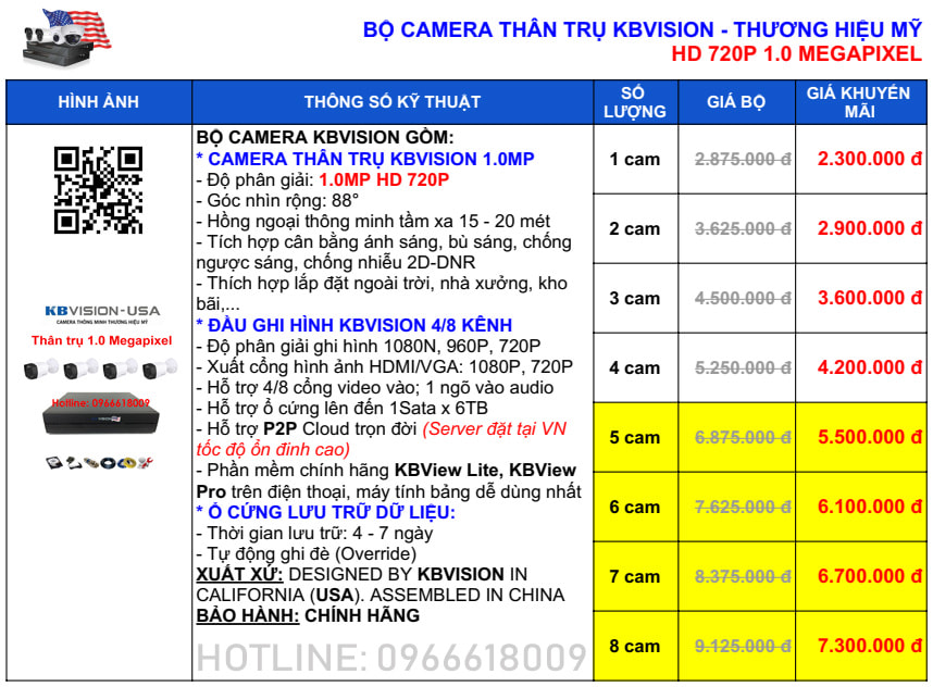 bảng giá camera thân trụ KBVision 1MP